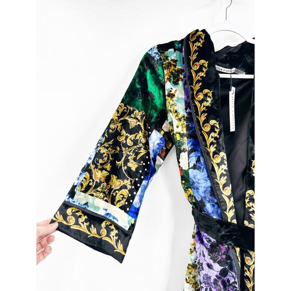 ALICE + OLIVIA Eilene Printed Velvet Kimono Tie Waist Multi Color XS/S - Picture 6 of 6